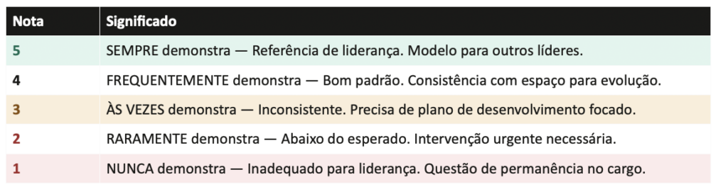 Avaliação das 5 Virtudes e 3 eixos operacionais. A escala é de 1 a 5: